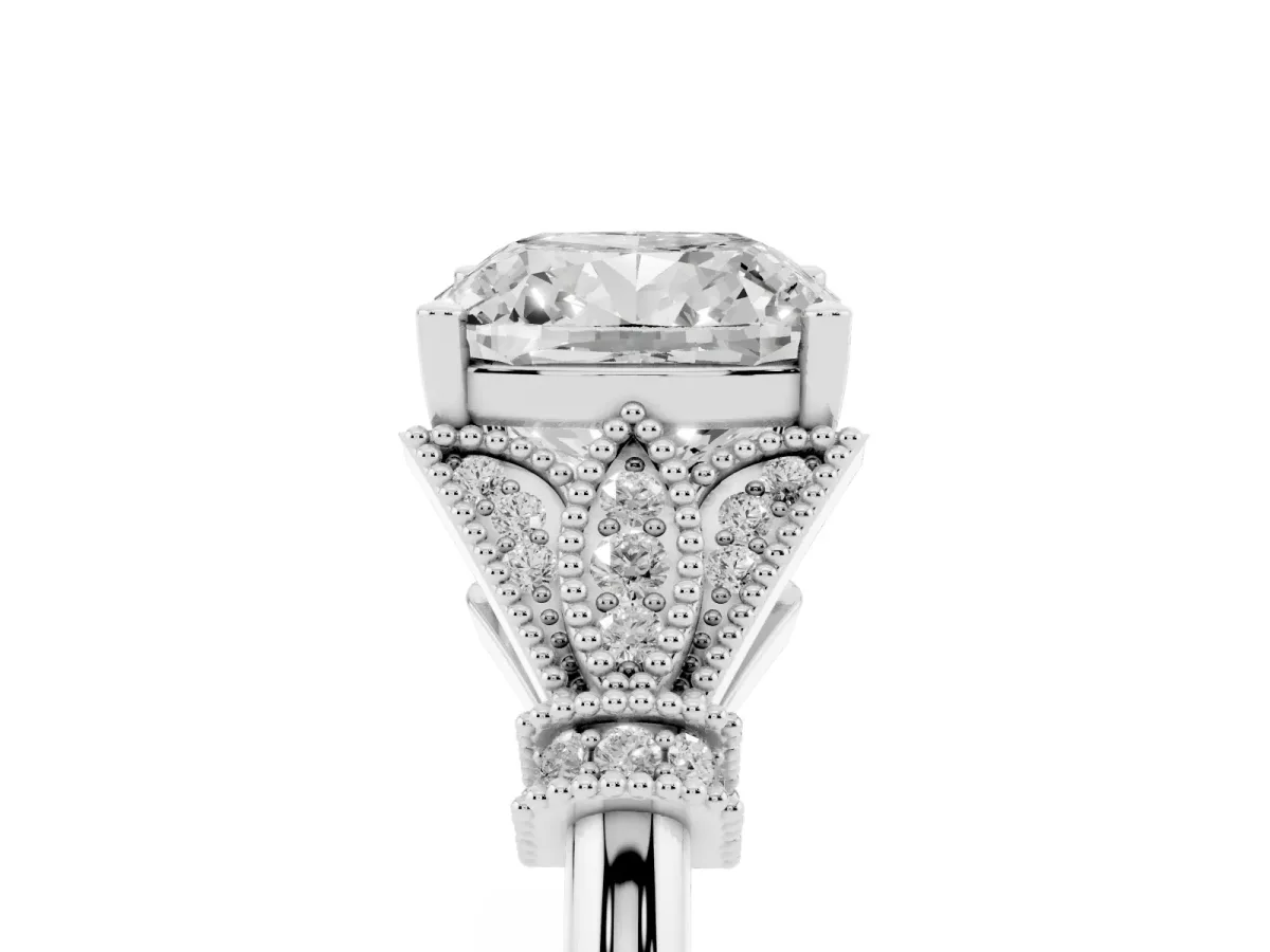 Cushion Cut Diamond Solitaire Ring with Floral Filigree and Pave Accents White gold