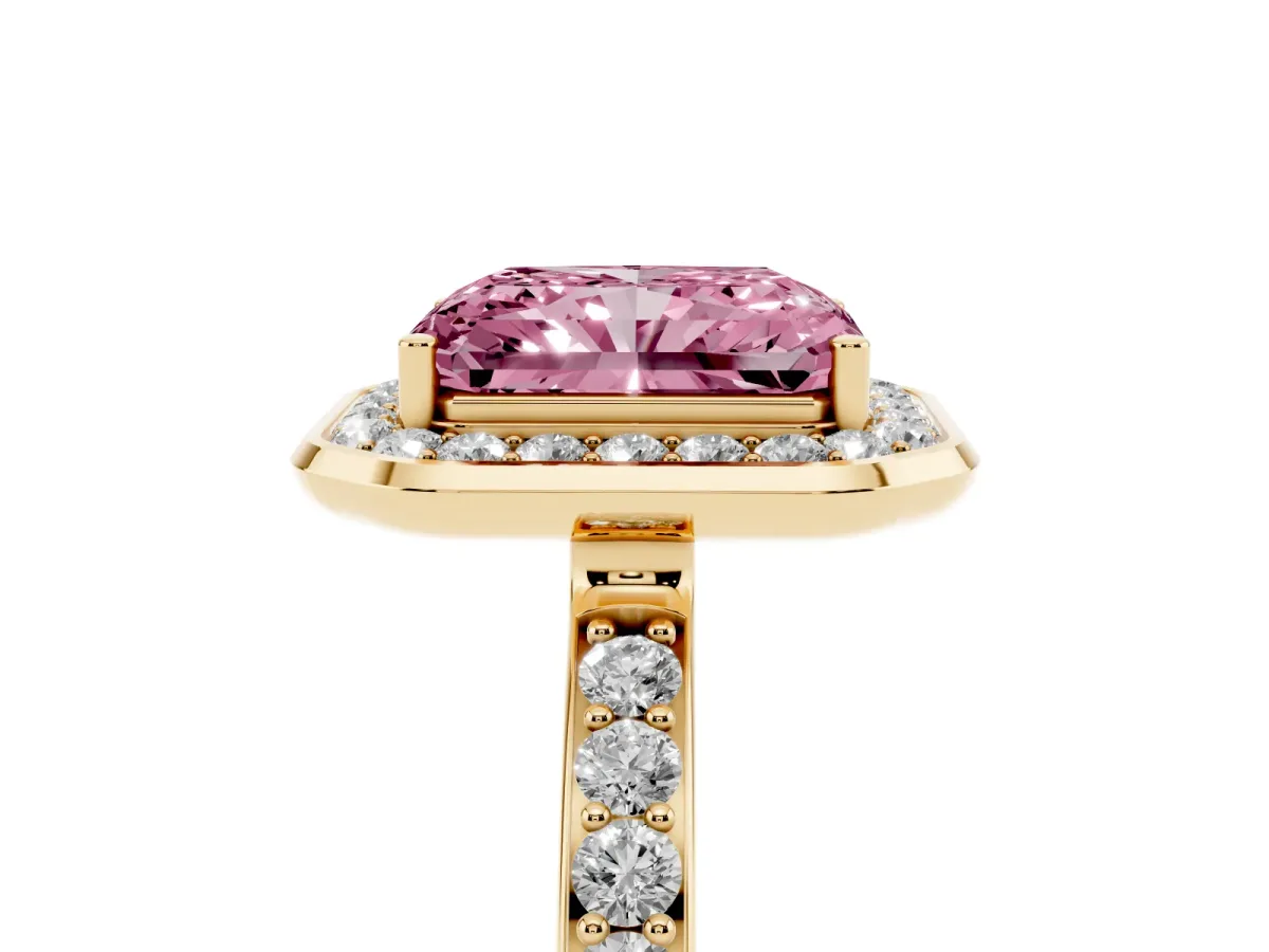 Fancy Pink Radiant Cut Diamond Halo Ring with Bezel Frame and Pavé Band Yellow gold