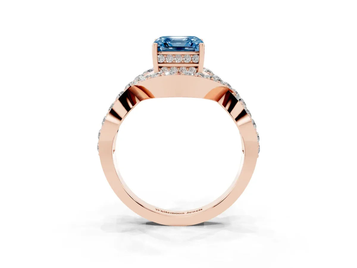 Fancy Blue Asscher Cut Solitaire Twist Band Pavé Diamond Engagement Ring Rose gold