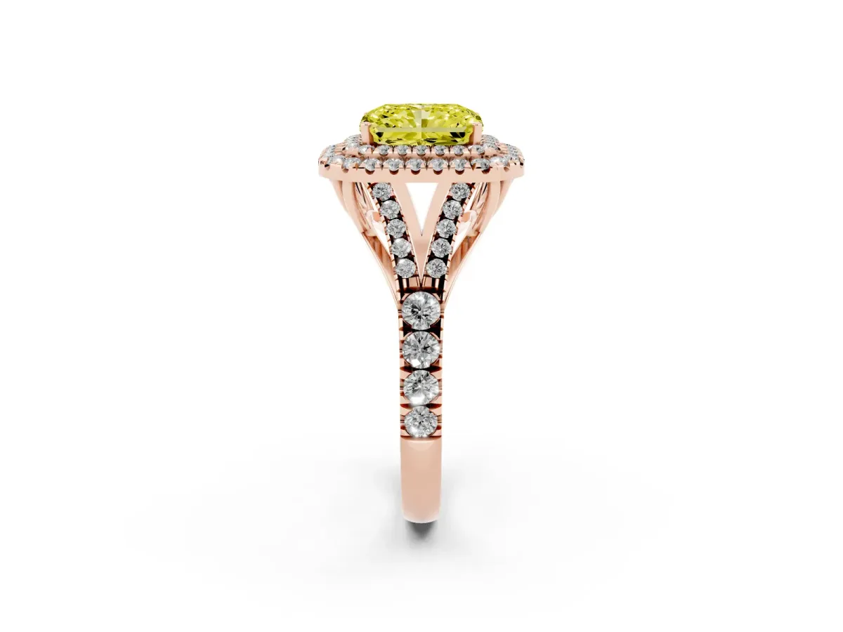 Fancy Yellow Double Halo Radiant Cut Diamond Split Shank Engagement Ring with Four-Prong Setting Rose gold