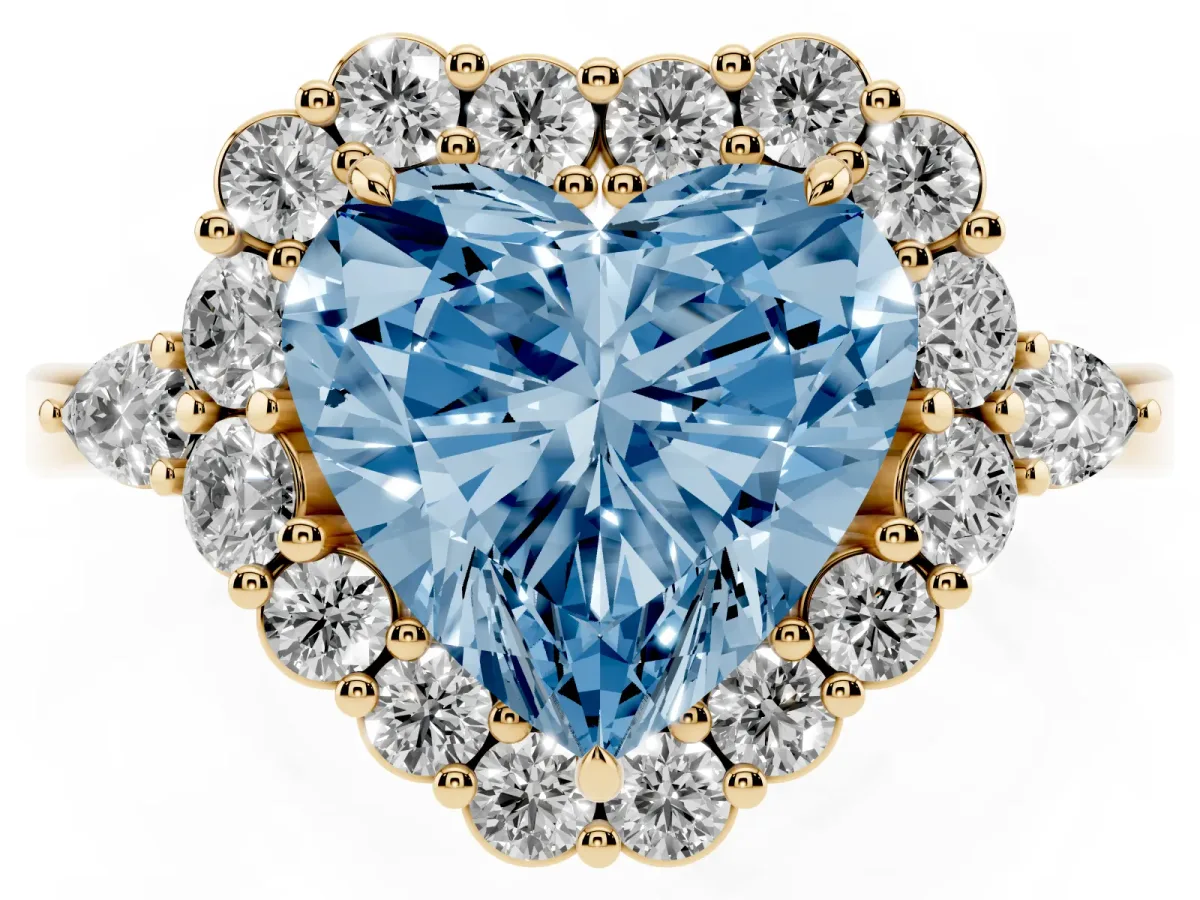 Fancy Blue Heart Cut Diamond Halo Ring with Pear Side Stones and Prong Setting Yellow gold