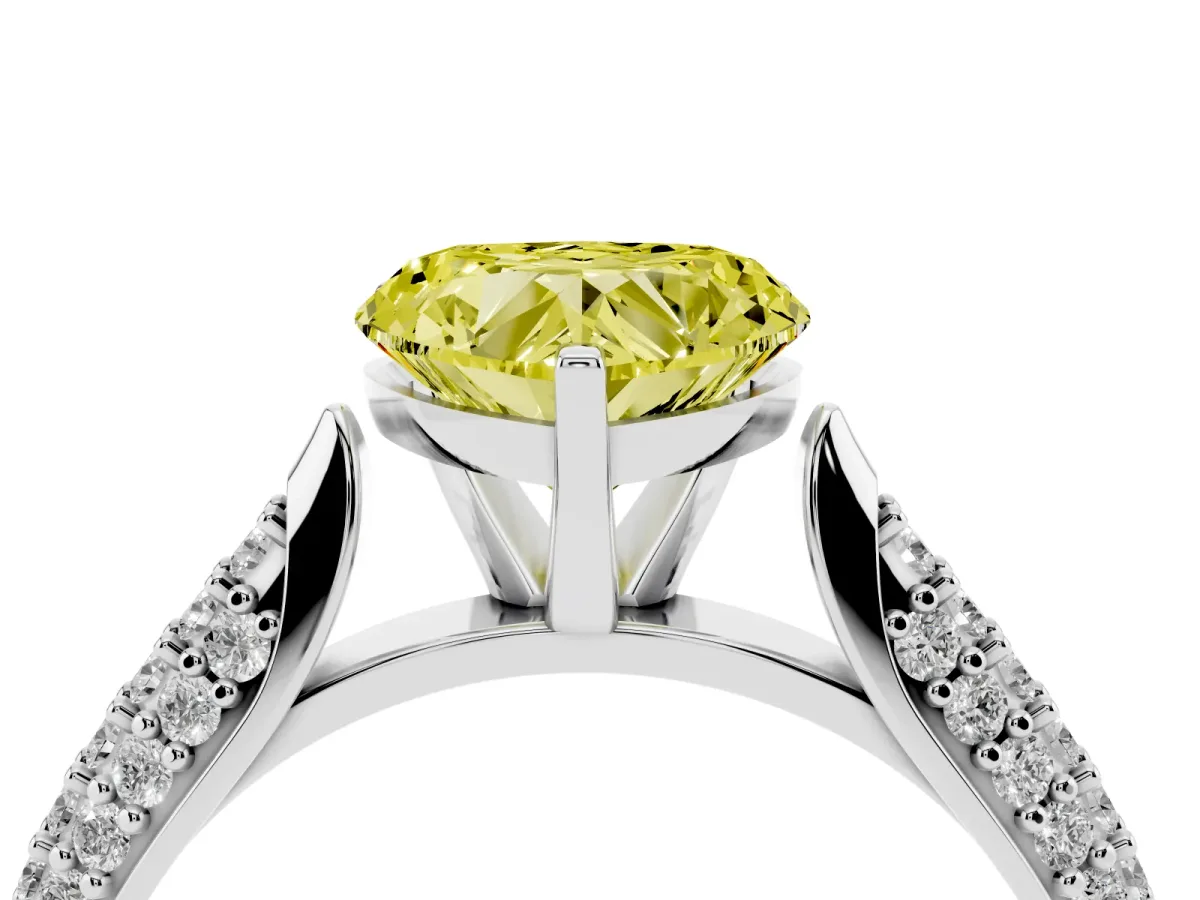 Fancy Yellow Heart Cut Diamond Solitaire Engagement Ring with Multi-Row Round Pavé Band and Prong Setting White gold