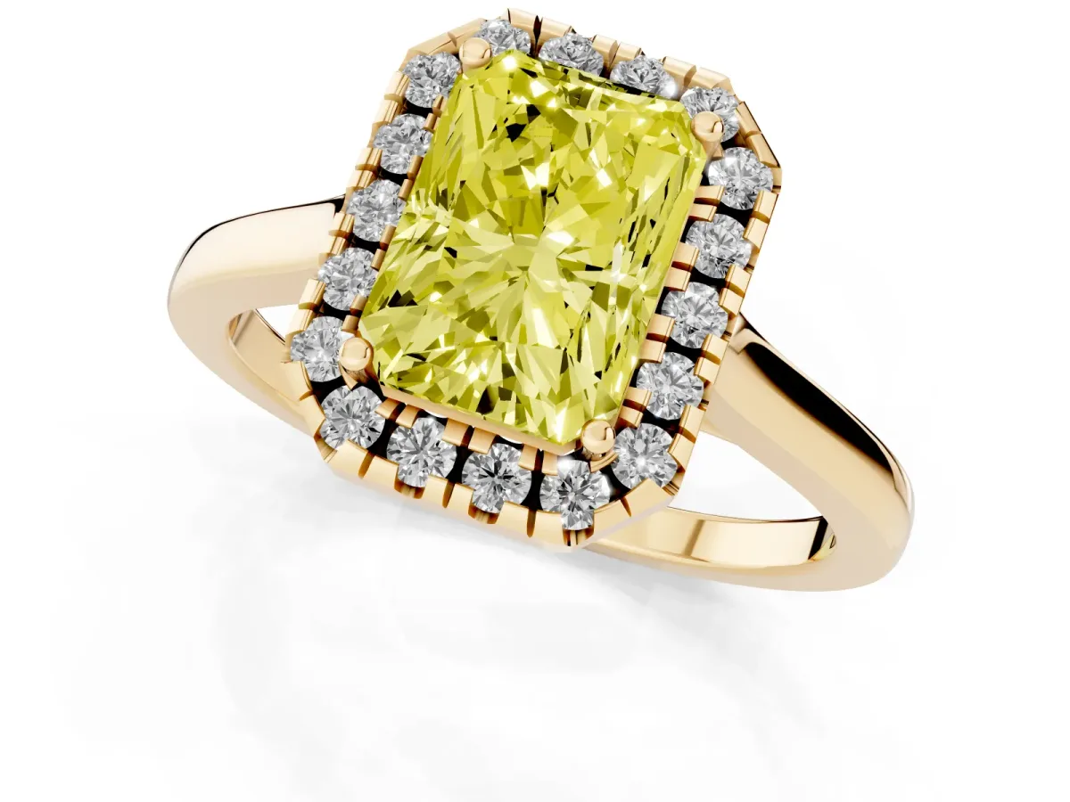 Fancy Yellow Radiant Cut Halo Round Diamond Solitaire Ring with Pavé Band and Four-Prong Setting Yellow gold