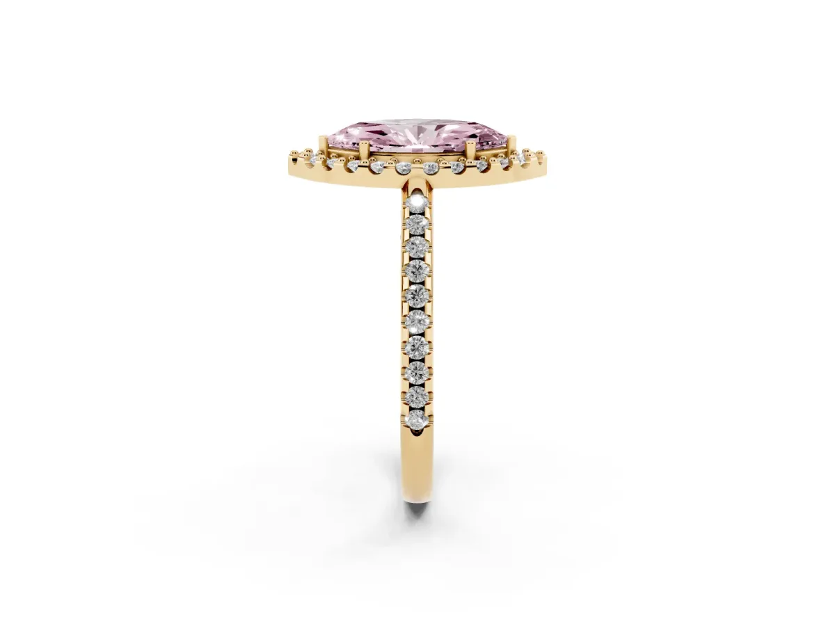 Fancy Pink Marquise Cut Diamond Pavé Halo Ring with Four-Prong Setting Yellow gold