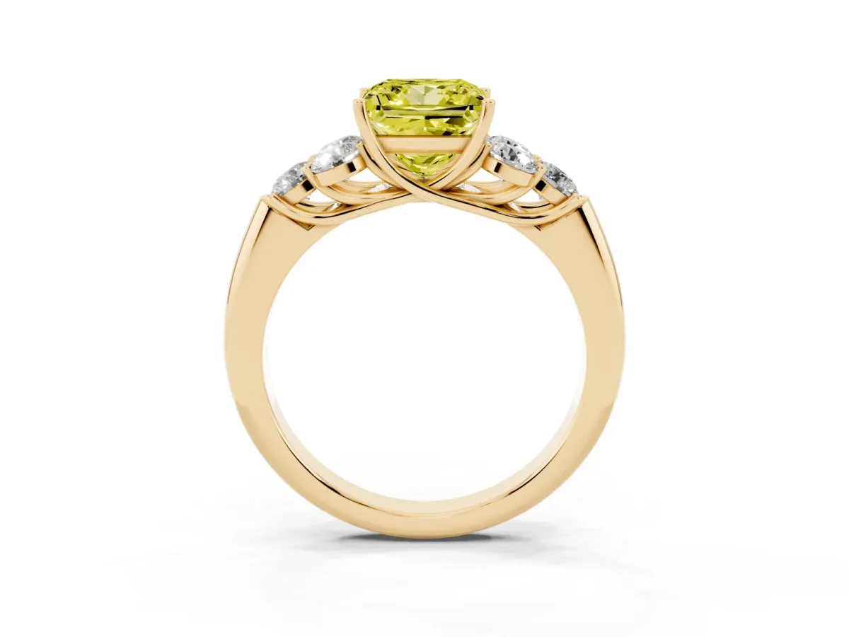 Fancy Yellow Princess Cut Cut Diamond Cluster Ring with Round Accent Stones and Prong Setting on a Classic Band Yellow gold