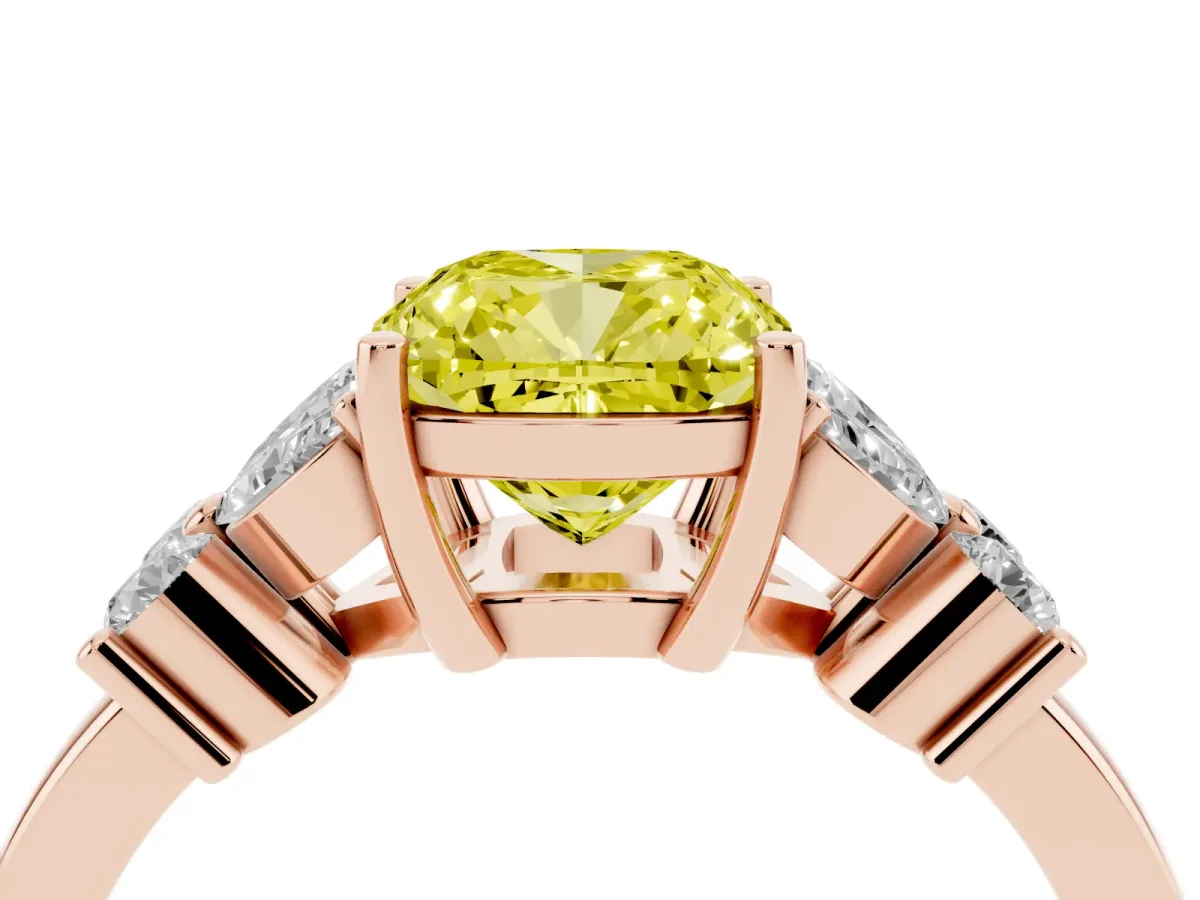 Fancy Yellow Cushion Cut Diamond Floral Cluster Ring with Solitaire Band and Prong Setting Rose gold