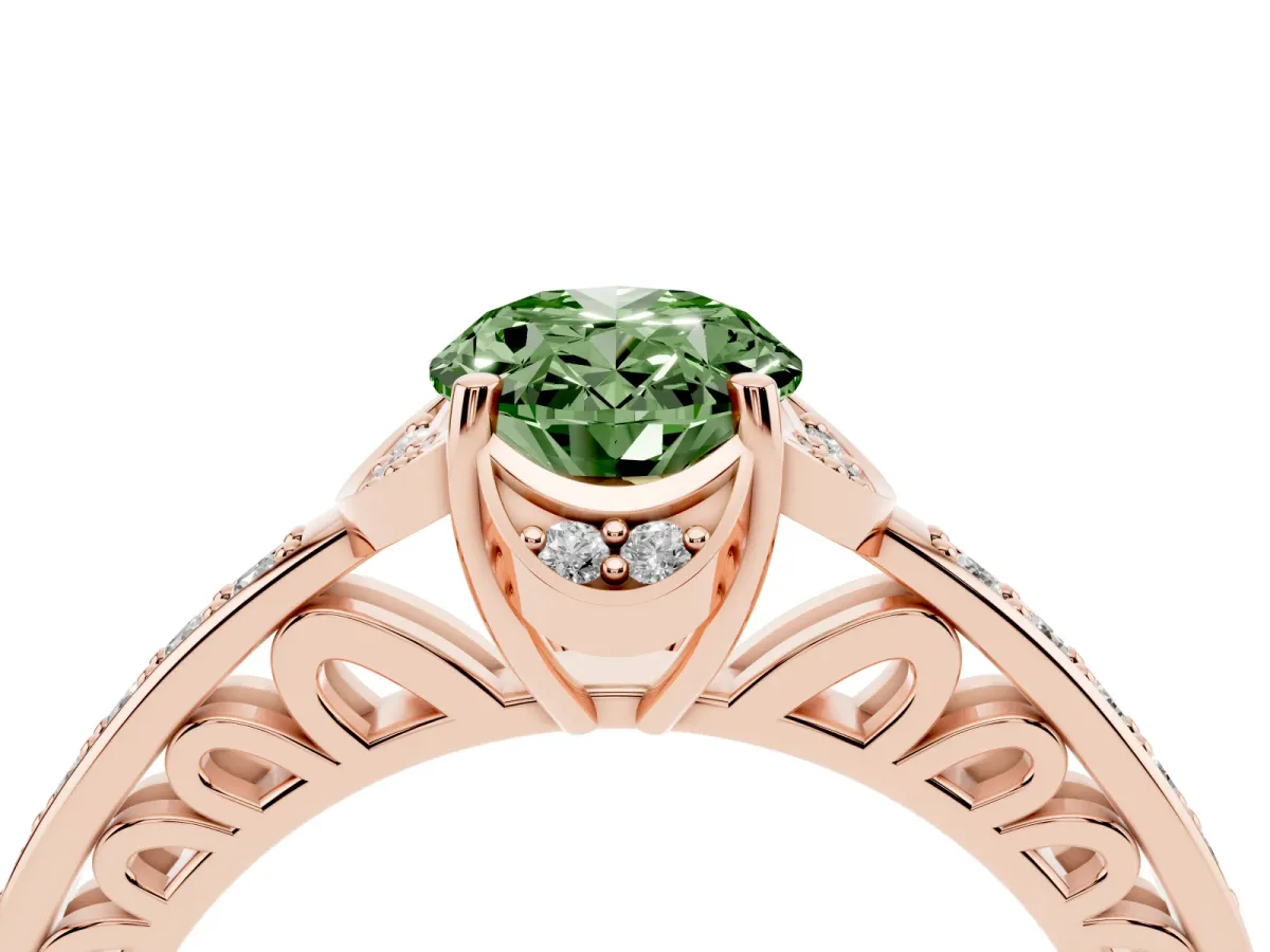 Fancy Green Oval Cut Cut Halo Diamond Ring with Channel Set Band and Four-Prong Setting Rose gold