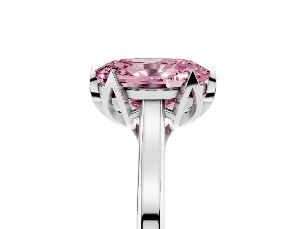 Fancy Pink Oval Cut Diamond Solitaire Ring with Flower Prong Setting and Classic Band Silver
