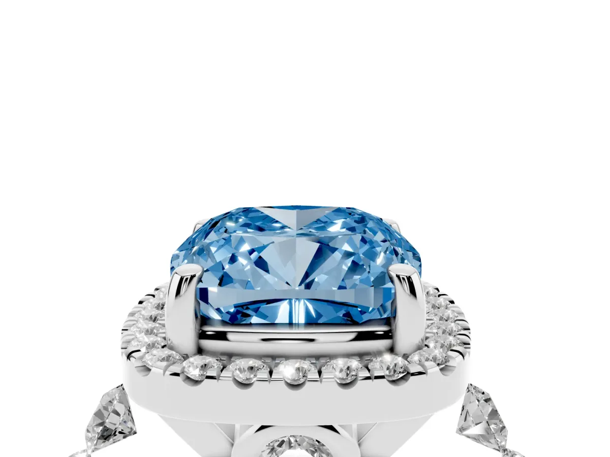 Fancy Blue Cushion Cut Halo Pavé Diamond Engagement Ring with Four-Prong Setting White gold