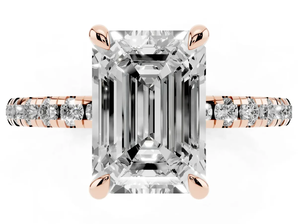 Emerald Cut Diamond Brilliant Solitaire Ring with Pavé Band and Four-Prong Setting Rose gold