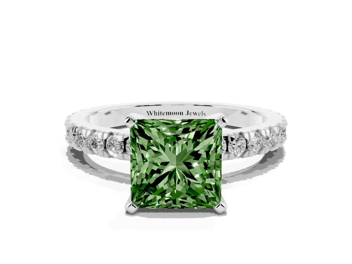 Fancy Green Princess Cut Diamond Pavé Band Solitaire with Four-Prong Setting Silver