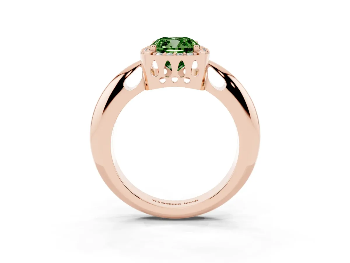 Fancy Green Cushion Cut Cut Diamond Halo Engagement Ring with Split Shank and Four-Prong Setting Rose gold
