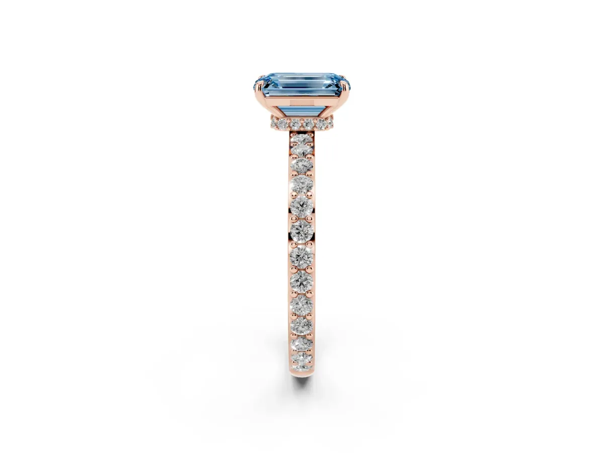 Fancy Blue Emerald Cut Diamond Solitaire Engagement Ring with Pavé Band and Four-Prong Setting Rose gold