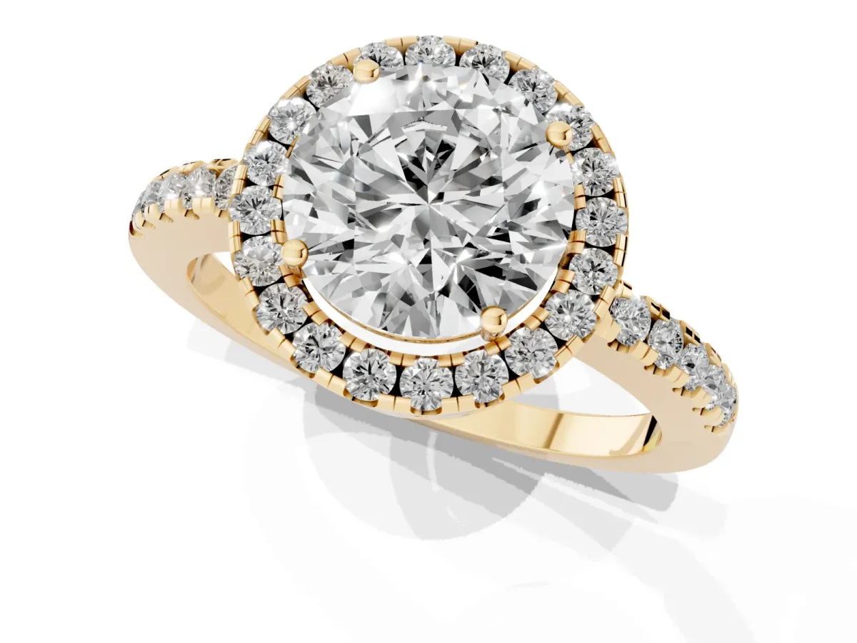 Round Cut Halo Diamond Engagement Ring with Pavé Band and Four-Prong Setting Yellow gold