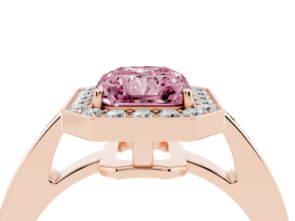 Fancy Pink Radiant Cut Halo Pavé Diamond Engagement Ring with Bezel Setting Rose gold