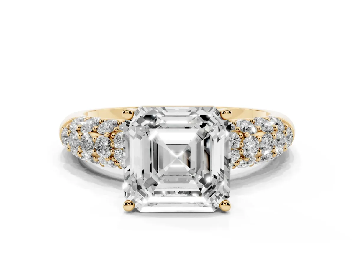 Asscher Cut Diamond Pavé Band Solitaire Ring with Four-Prong Setting Yellow gold
