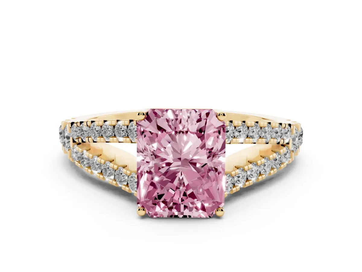 Fancy Pink Radiant Cut Diamond Split Shank Engagement Ring with Round Pavé and Prong Setting Yellow gold