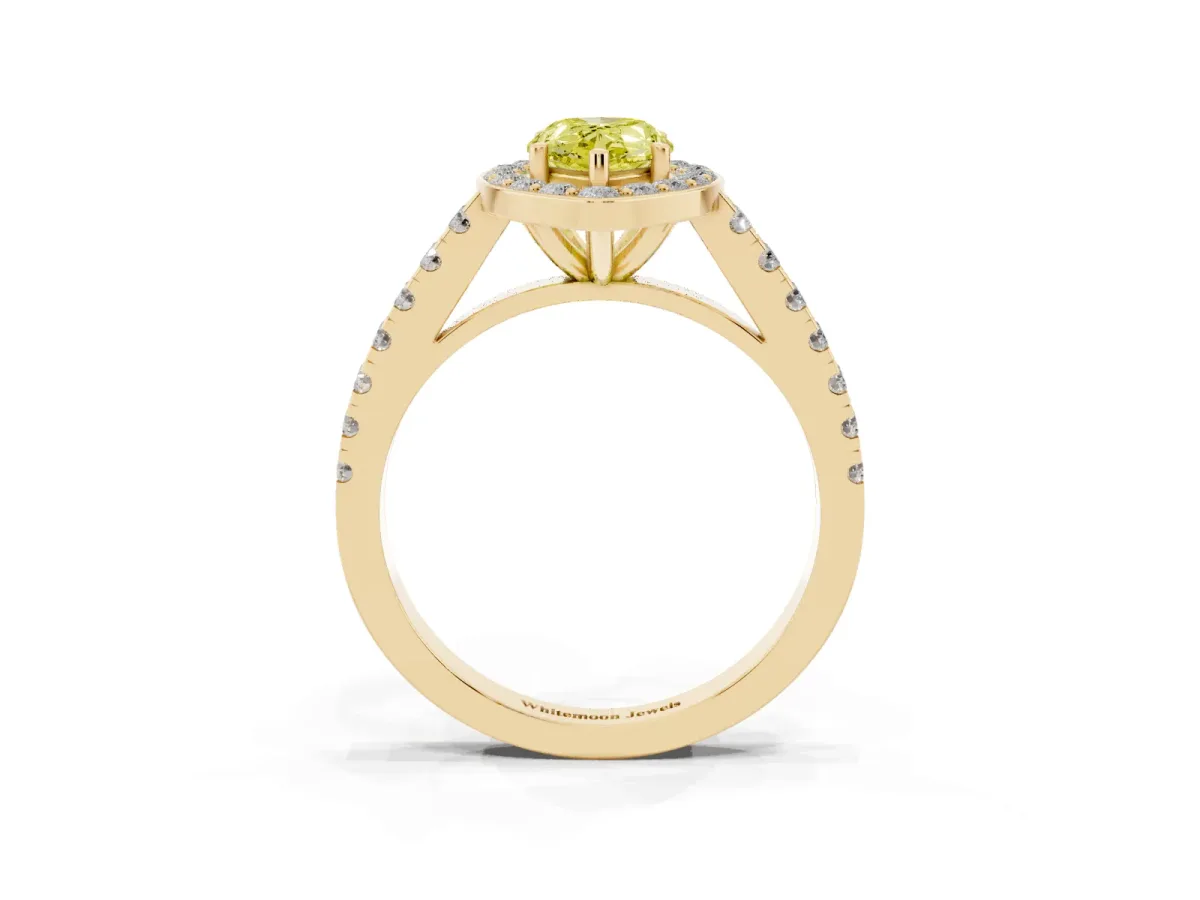 Fancy Yellow Pear Cut Diamond Halo Ring with Round Pavé Split Shank and Prong Setting Yellow gold