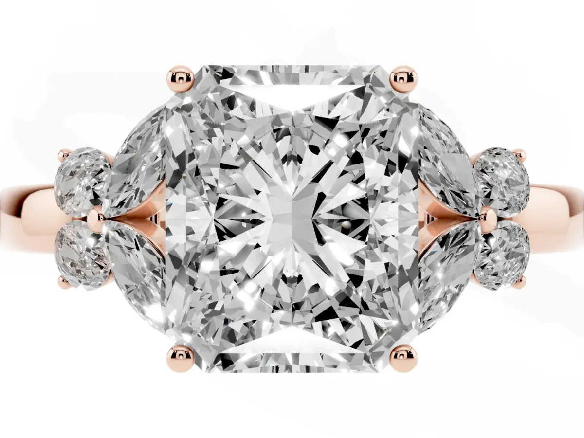 Radiant Cut Cut Solitaire Floral Diamond Ring with Four-Prong Setting Rose gold
