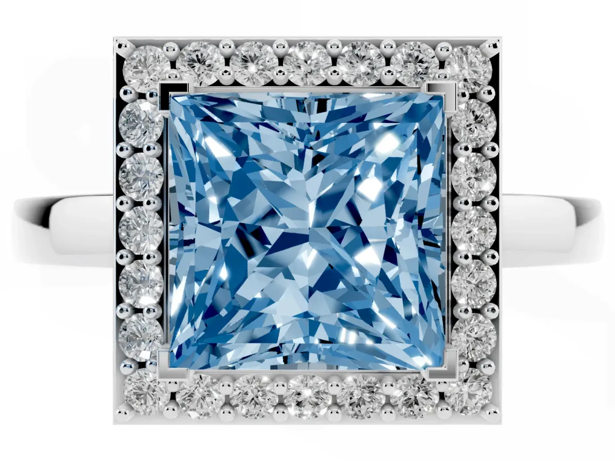 Fancy Blue Princess Cut Halo Diamond Ring with Solitaire Band and Prong Setting Silver