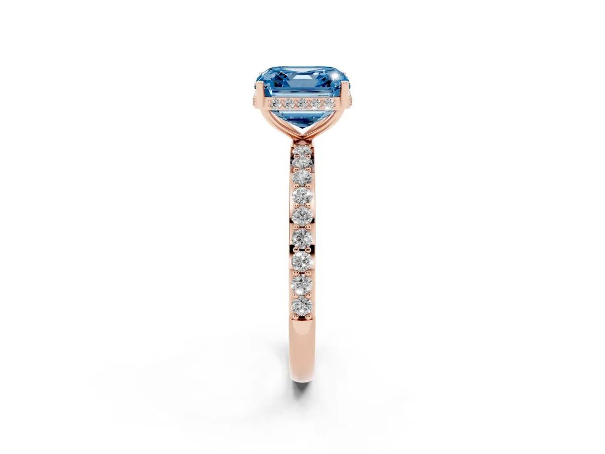 Fancy Blue Asscher Cut Diamond Solitaire Ring with Pavé Band and Hidden Halo Rose gold