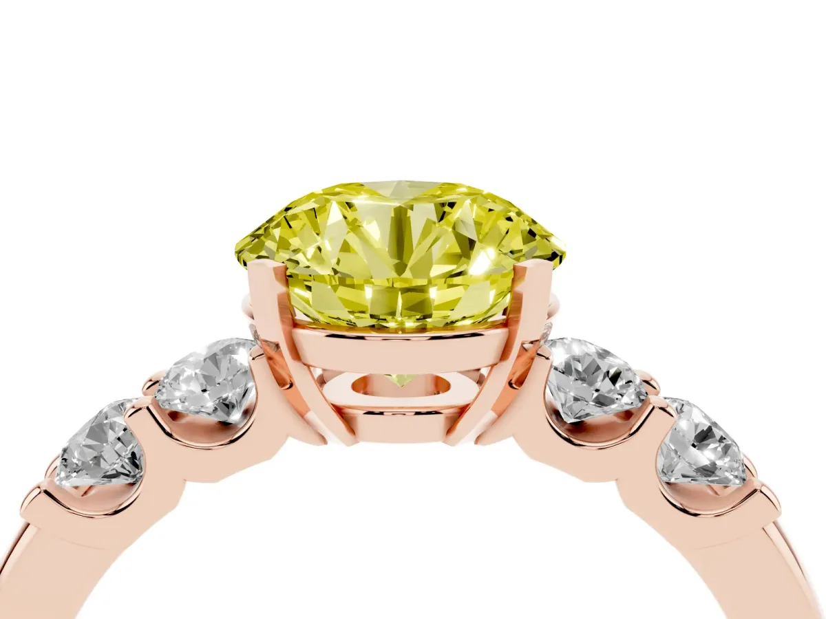 Fancy Yellow Round Cut Brilliant Cut Diamond Five-Stone Prong Set Engagement Ring with Channel Band Rose gold