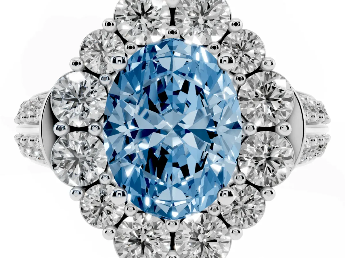 Fancy Blue Oval Cut Halo Diamond Engagement Ring with Split Shank and Prong Setting Silver