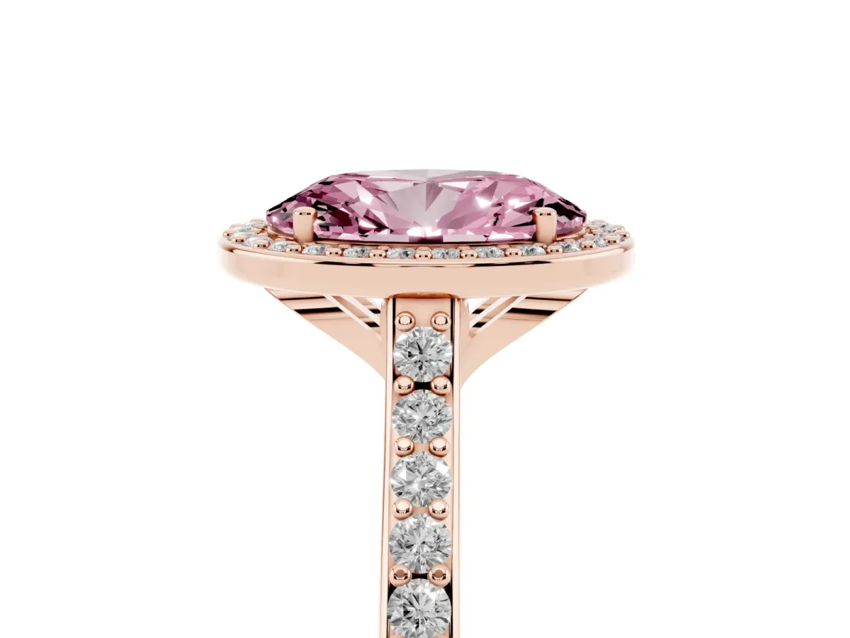 Fancy Pink Oval Cut Diamond Halo Engagement Ring with Round Pavé Shoulders and Prong Setting Rose gold