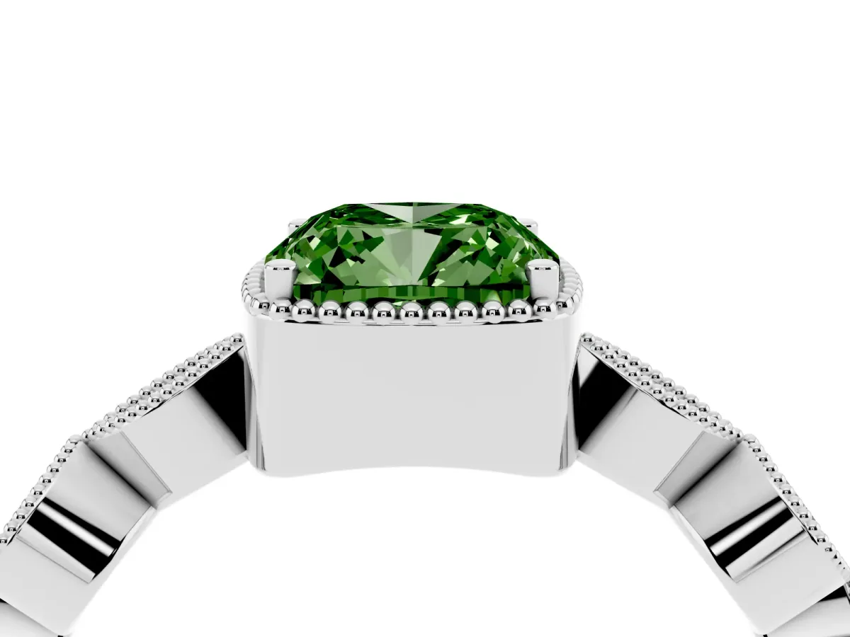 Fancy Green Cushion Cut Diamond Vintage Milgrain Ring with Round Stations Silver