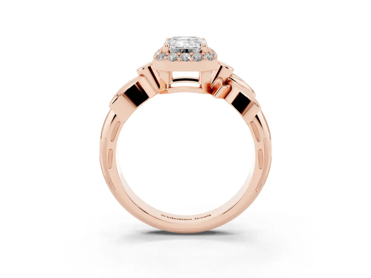 Emerald Cut Halo Diamond Floral Band with Four-Prong Setting Rose gold