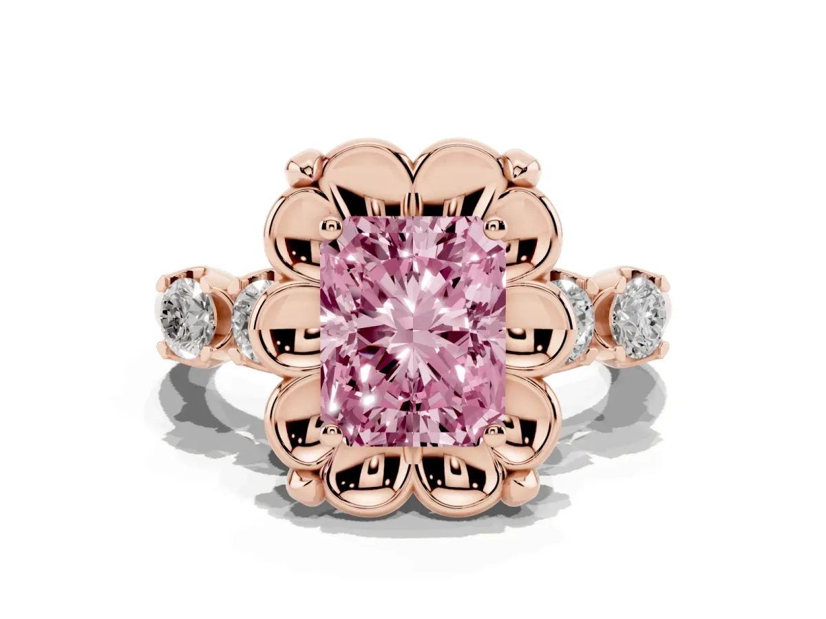 Fancy Pink Radiant Cut Cut Diamond Floral Halo Engagement Ring with Shared Prong Setting Rose gold