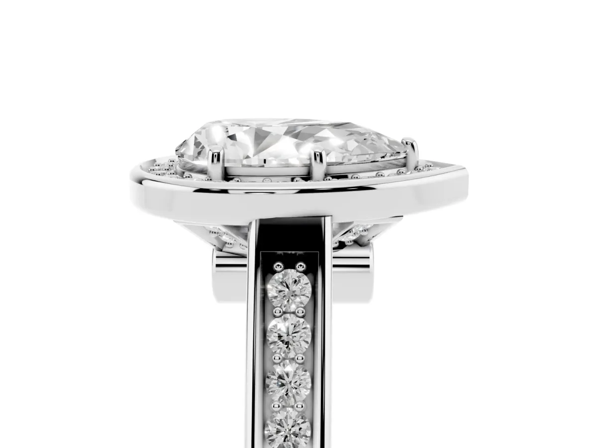 Pear Cut Halo Solitaire Diamond Ring with Pave Band and Bezel Setting Silver
