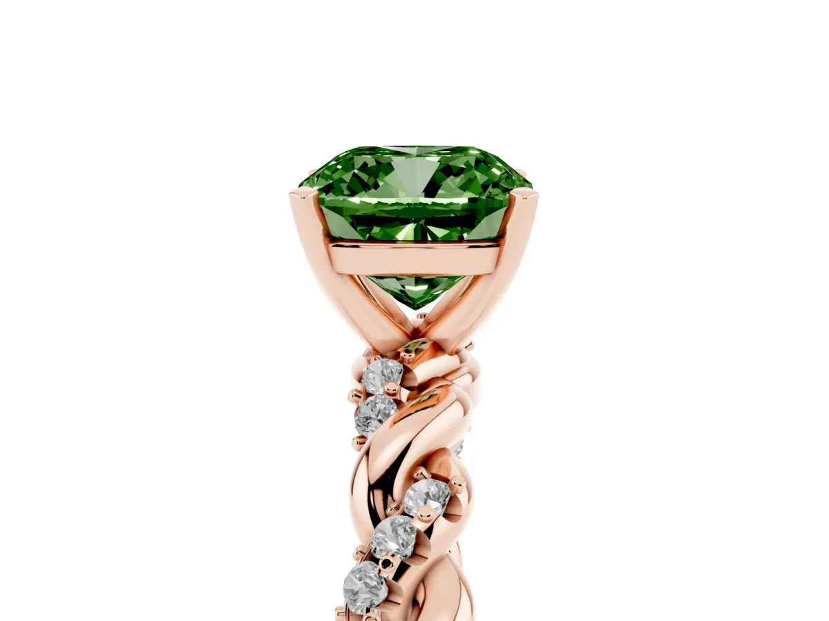 Fancy Green Cushion Cut Diamond Solitaire Ring with Twisted Band and Pavé Accents Rose gold