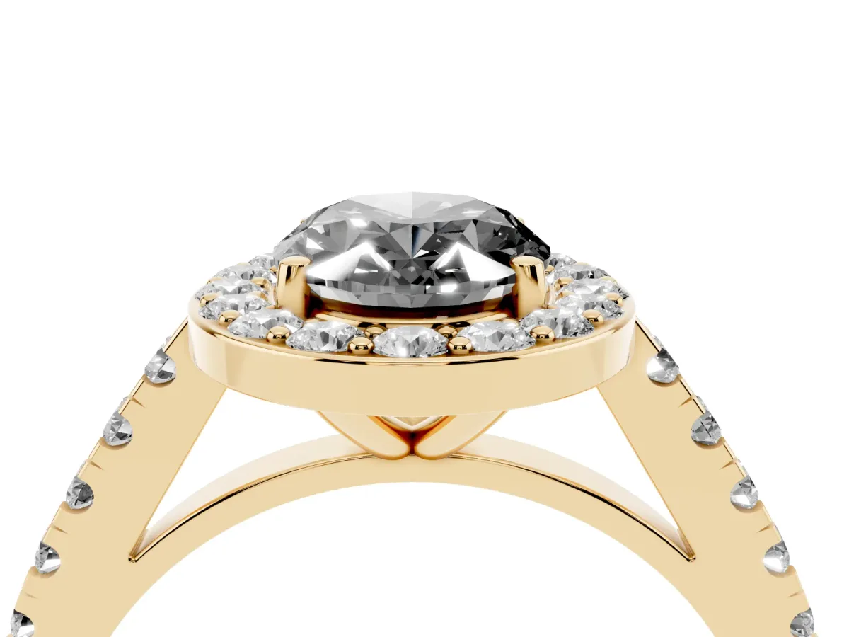 Fancy Black Oval Cut Diamond Halo Ring with Round Pavé Split Shank and Prong Setting Yellow gold