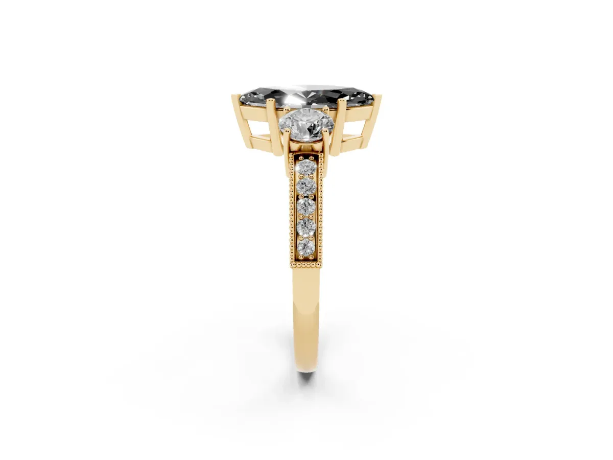Fancy Black Marquise Cut Three-Stone Diamond Ring with Pavé Band and Four-Prong Setting Yellow gold