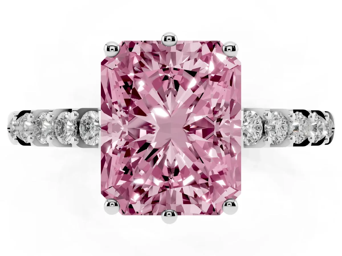 Fancy Pink Radiant Cut Solitaire Diamond Engagement Ring with Pavé Band and Six-Prong Setting Silver