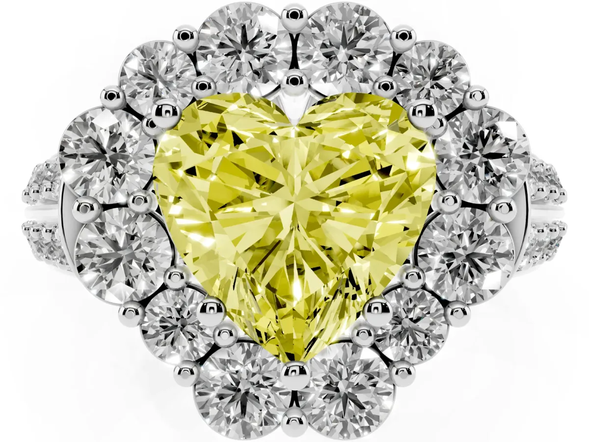 Fancy Yellow Heart Cut Halo Diamond Engagement Ring with Split Shank and Prong Setting Silver