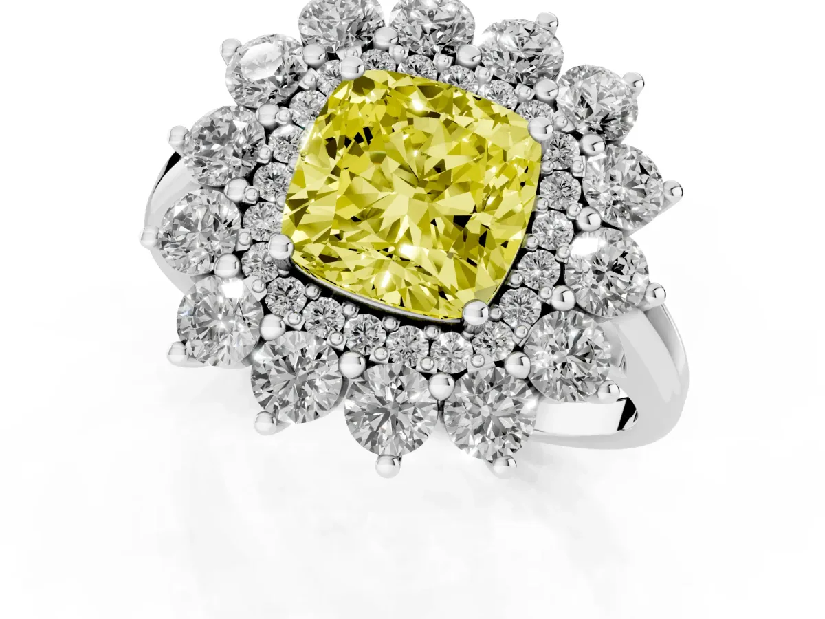 Fancy Yellow Cushion Cut Diamond Floral Double Halo Engagement Ring with Prong Setting White gold