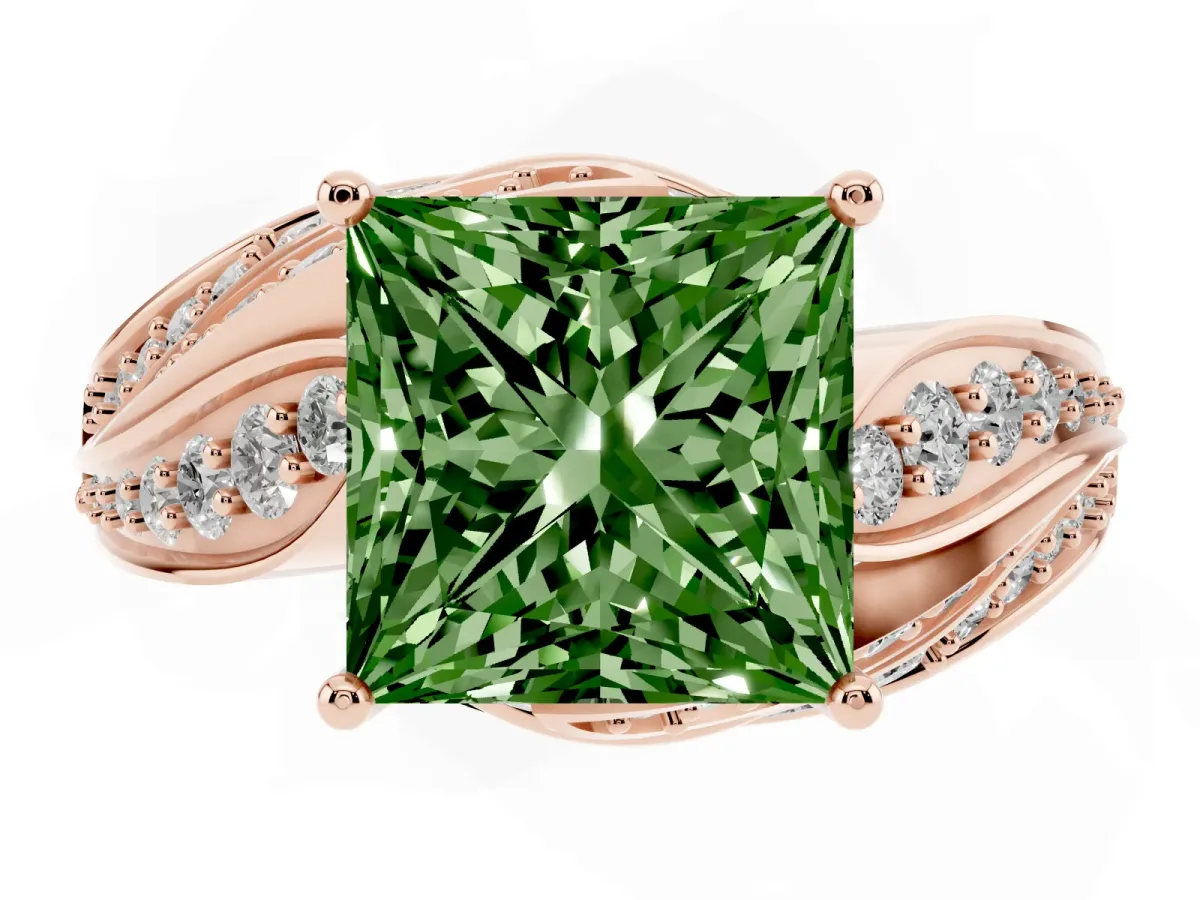 Fancy Green Princess Cut Diamond Solitaire Ring with Prong Setting and Twisted Pavé Band Rose gold