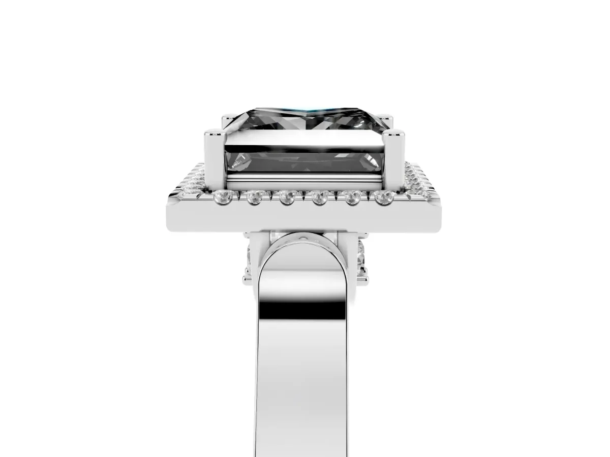 Fancy Black Princess Cut Halo Round Diamond Twist Band with Four-Prong Setting White gold