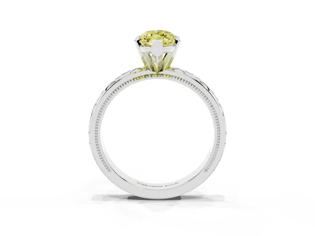 Fancy Yellow Marquise Cut Solitaire Engagement Ring with Scrollwork Band and Four-Prong Setting Platinum