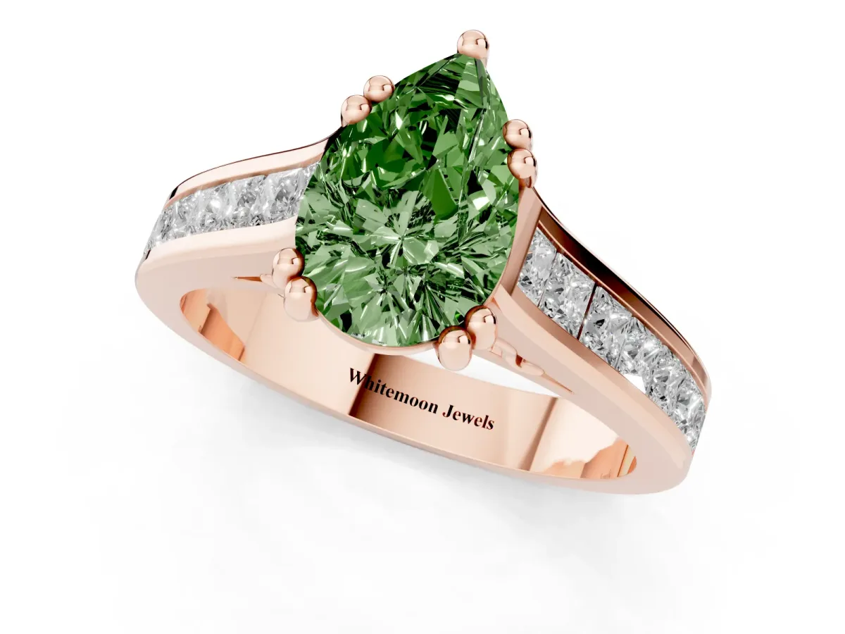 Fancy Green Pear Cut Cut Channel Set Solitaire Engagement Ring with Prong Setting Rose gold