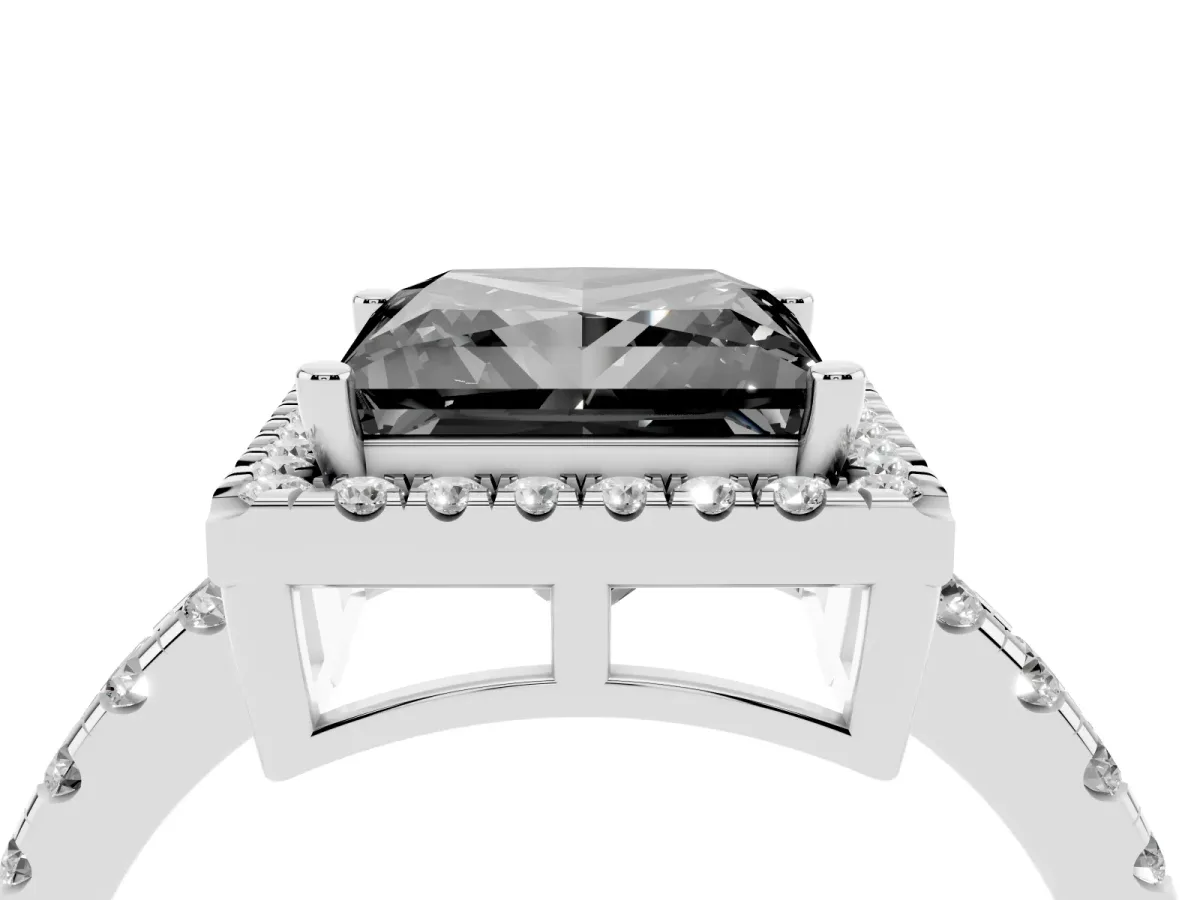 Fancy Black Princess Cut Diamond Halo Ring with Pavé Band and Four-Prong Setting White gold