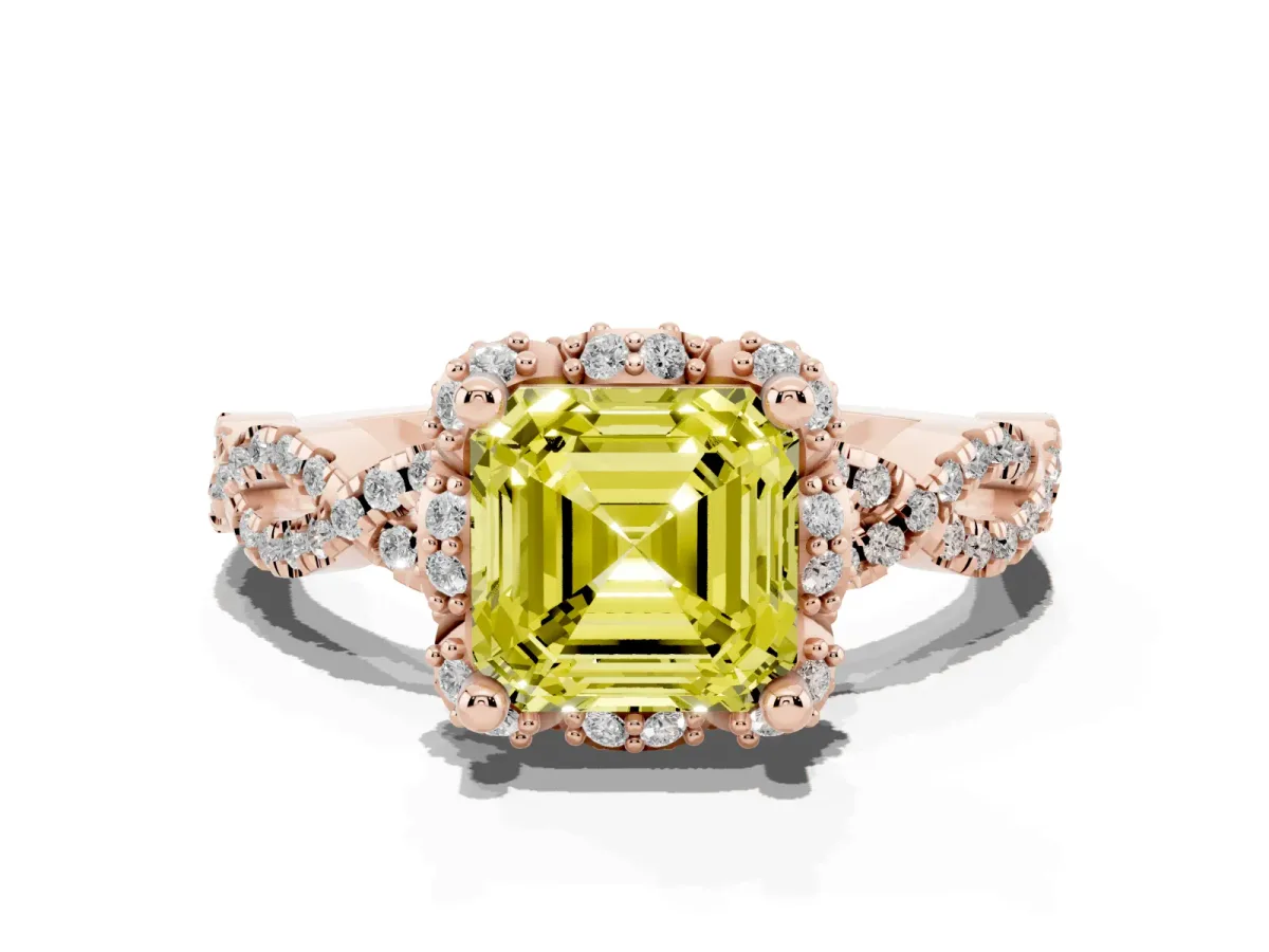 Fancy Yellow Asscher Cut Halo Twist Band Solitaire Ring with Six-Prong Setting Rose gold