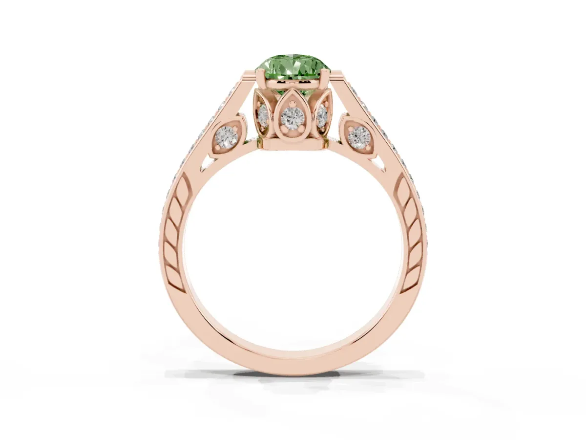 Fancy Green Pear Cut Cut Cathedral Pave Diamond Engagement Ring with Six-Prong Setting Rose gold