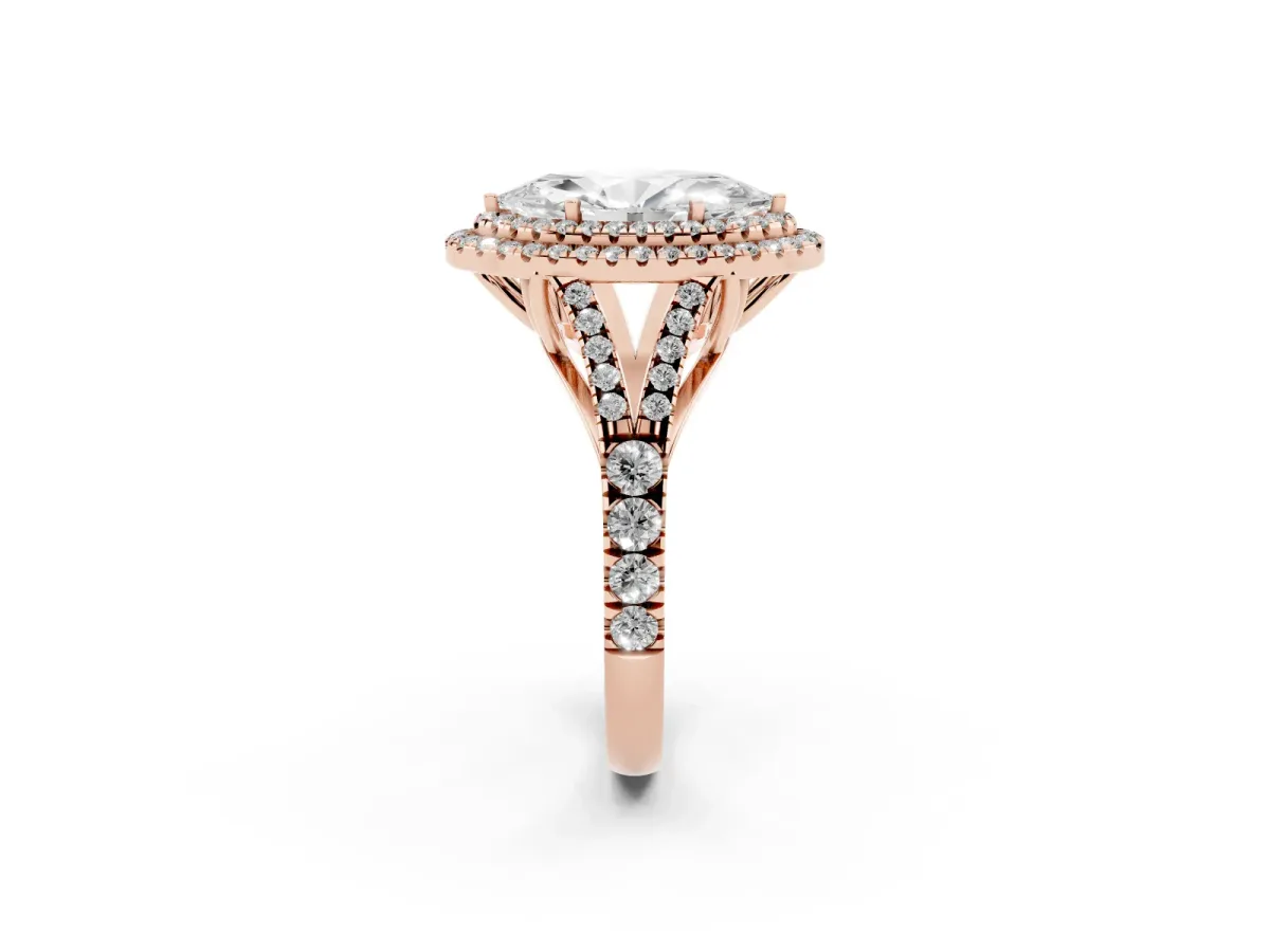 Marquise Cut Cut Double Halo Split Shank Diamond Ring with Prong Setting Rose gold