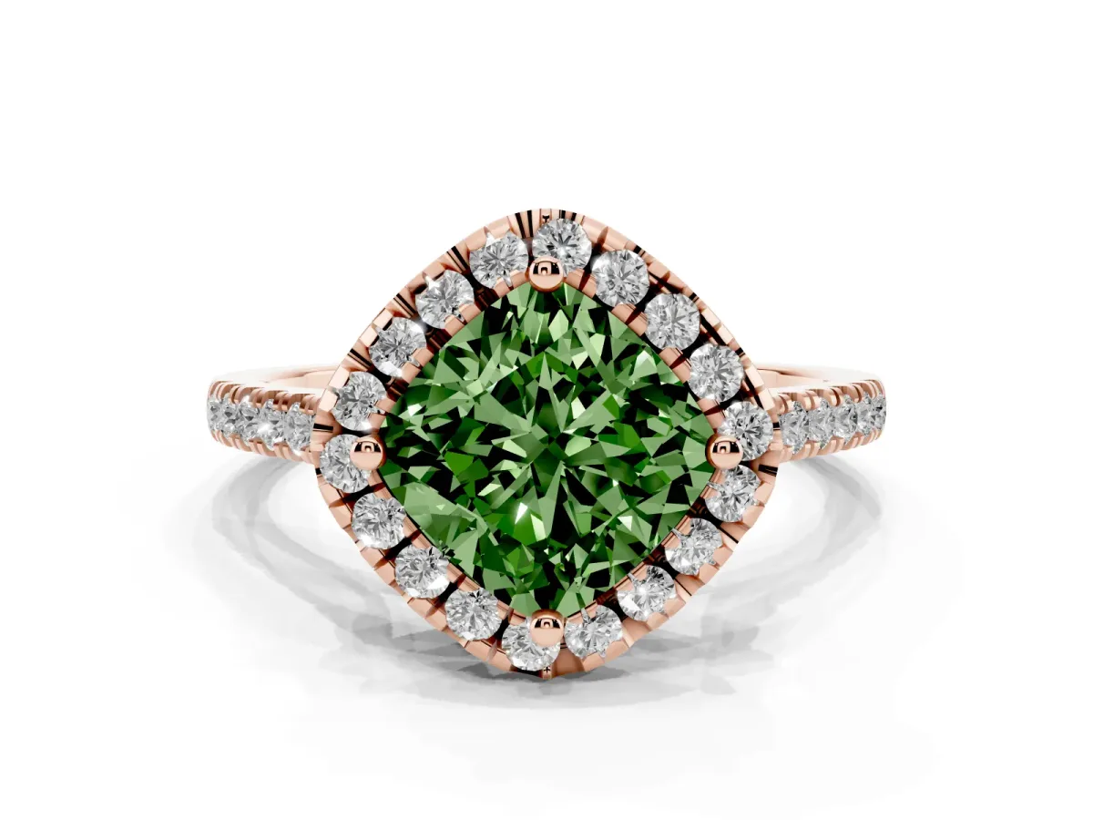 Fancy Green Cushion Cut Diamond Cushion Halo Ring with Pavé Band Rose gold