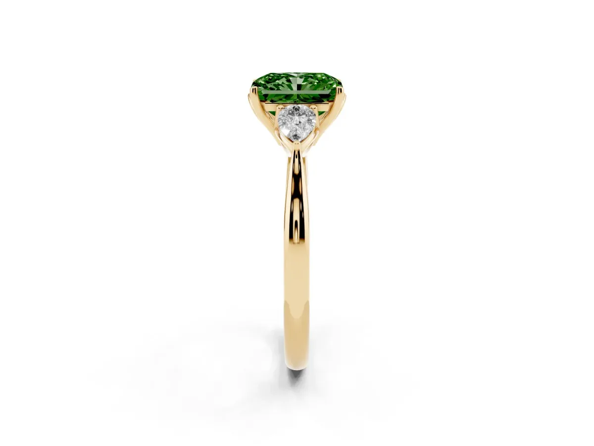 Fancy Green Radiant Cut Diamond Three-Stone Ring with Pear Side Stones and Prong Setting Yellow gold
