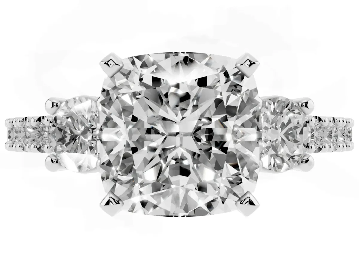 Cushion Cut Three-Stone Diamond Pavé Band with Prong Setting White gold