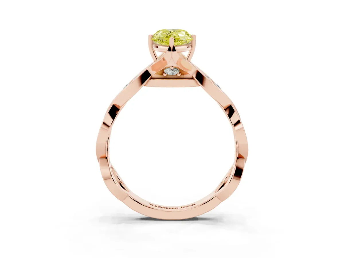 Fancy Yellow Pear Cut Solitaire Twist Band with Leaf Prong Setting Rose gold
